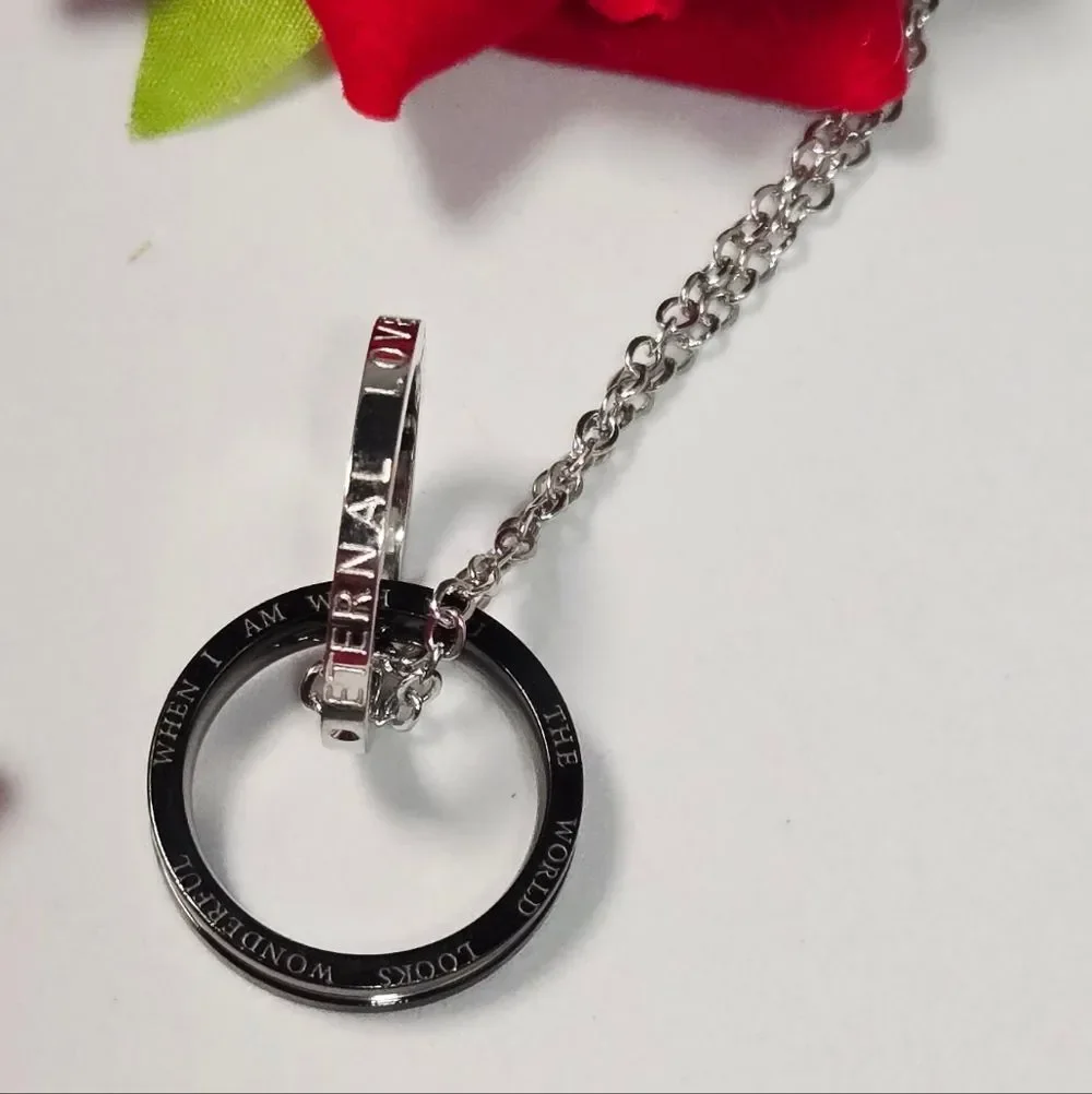 Love Pendant Necklace Two-Tone Interlocking Rings Stainless Steel Couples Gift
